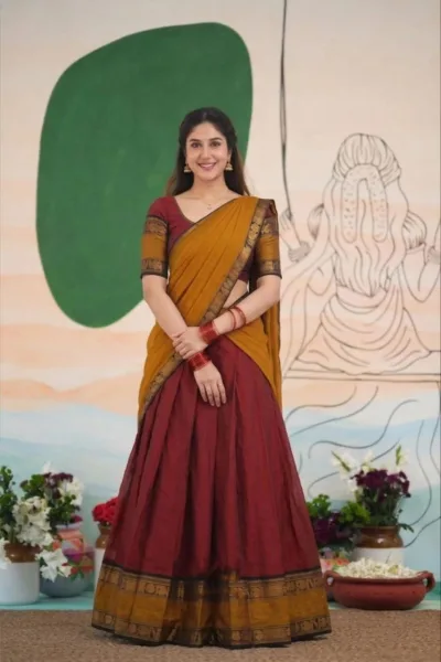 Deep Maroon with Mustard Yellow Kanjivaram Silk Lehenga
